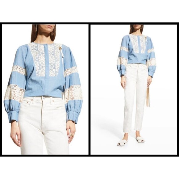 💕JOHNNY WAS💕 Thalassa Pieced Button-down Shirt Lace Detail Chambray Blue NWT - Picture 8 of 16